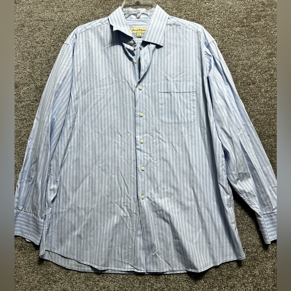 Tommy Bahama Mens 17 34-35 Egypt Cotton Button Up Striped Blue Dress shirt